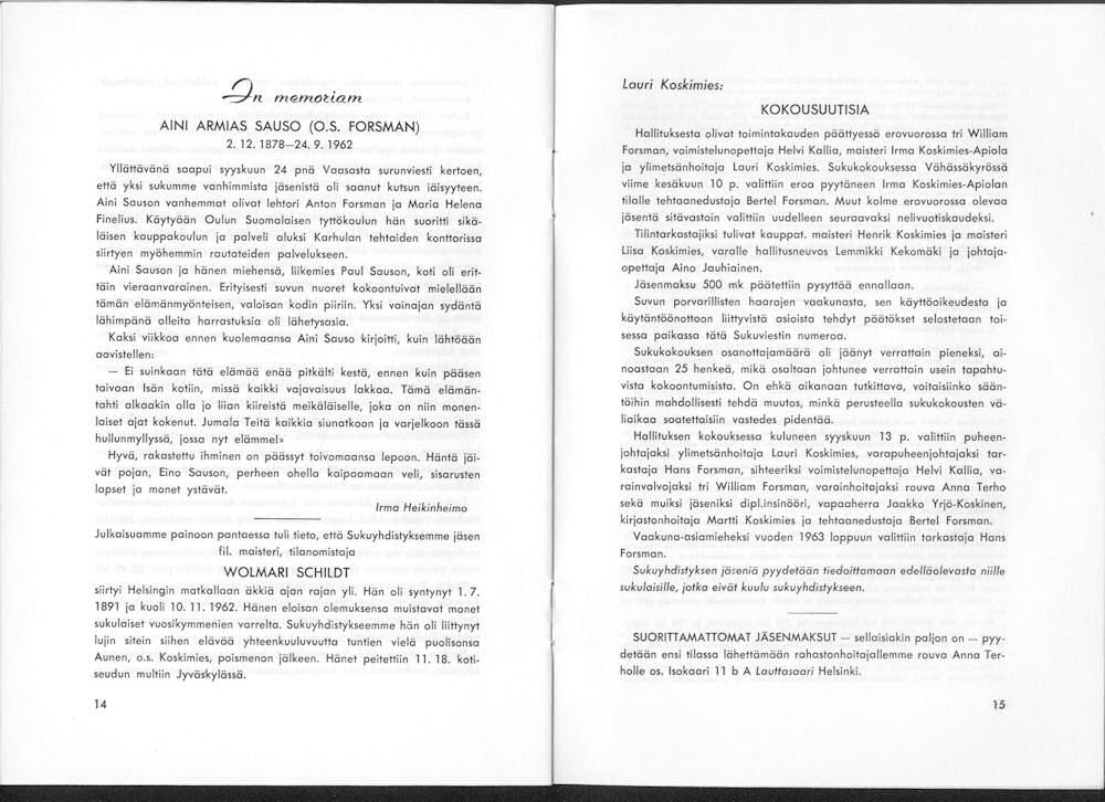 Sukuviesti 12, sivut 14 ja 15