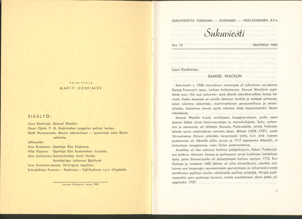 Sukuviesti 13, sivut 0 ja 1