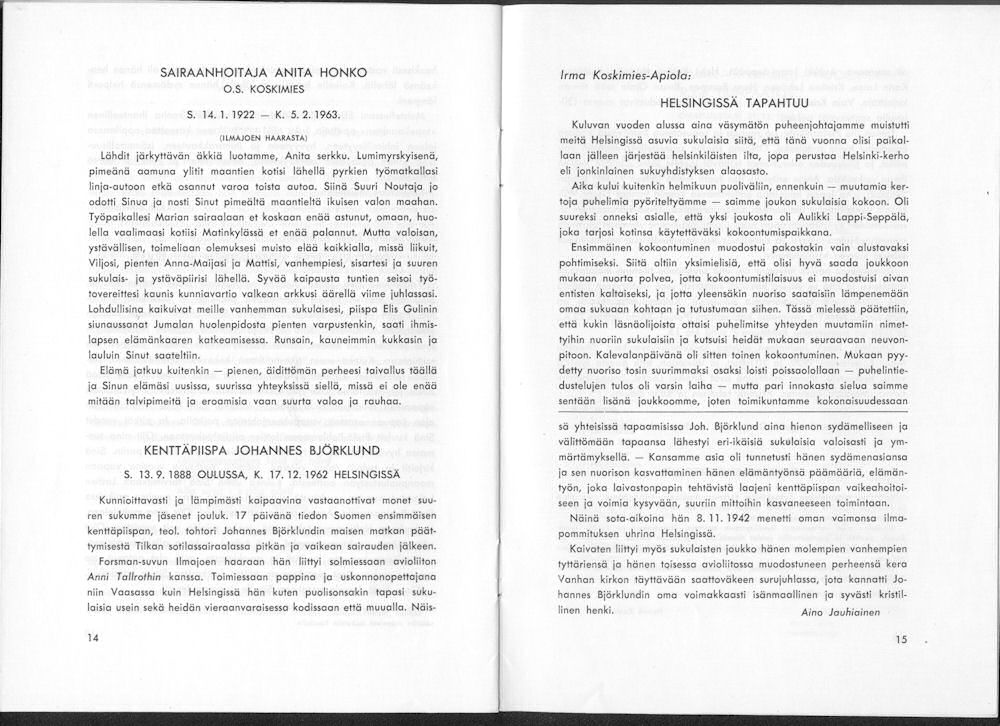 Sukuviesti 13, sivut 14 ja 15