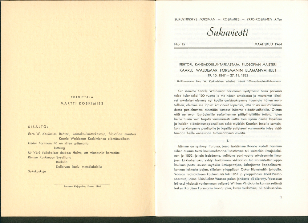 Sukuviesti 15, sivut 0 ja 1