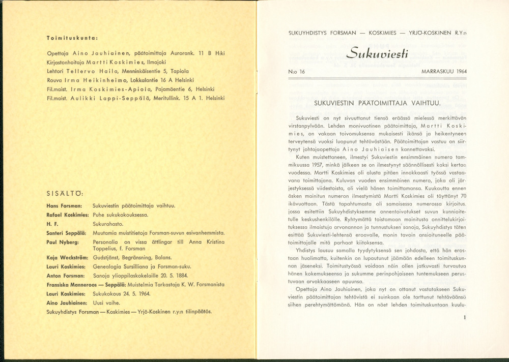 Sukuviesti 16, sivut 0 ja 1