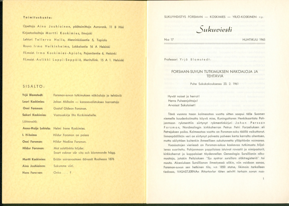 Sukuviesti 17, sivut 0 ja 1