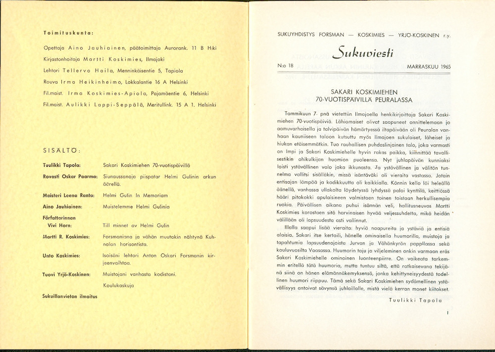 Sukuviesti 18, sivut 0 ja 1