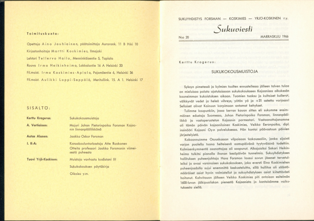 Sukuviesti 20, sivut 0 ja 1