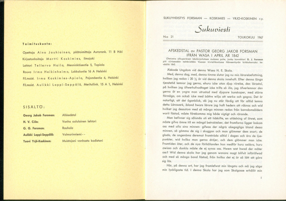 Sukuviesti 21, sivut 0 ja 1