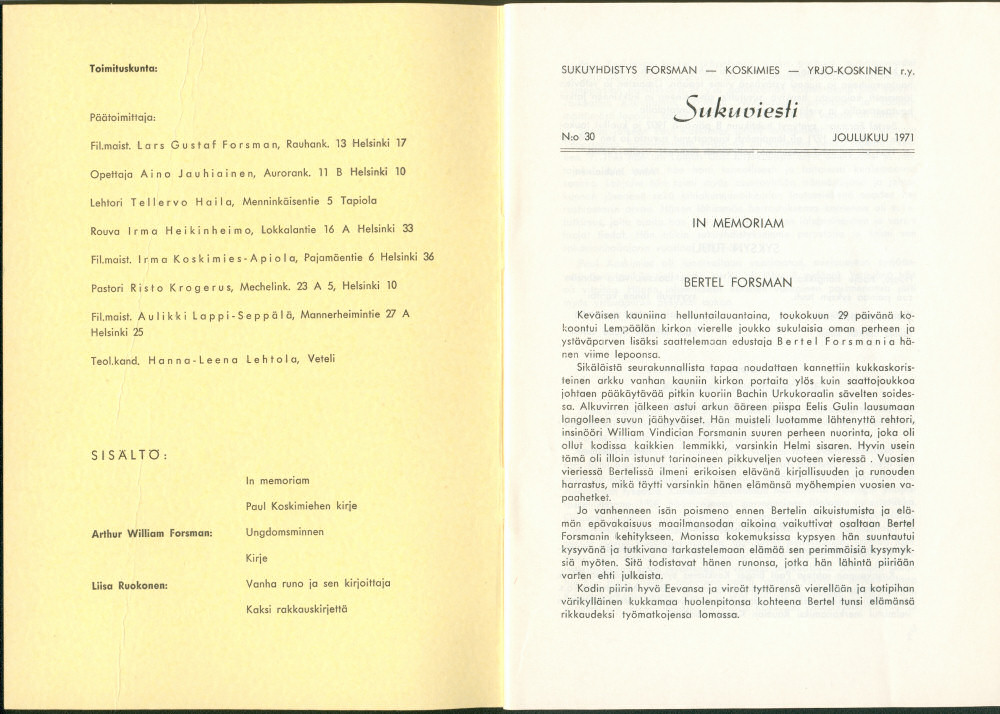 Sukuviesti 30, sivut 0 ja 1