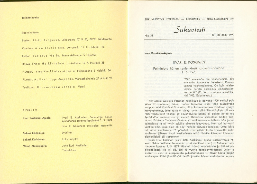 Sukuviesti 33, sivut 0 ja 1