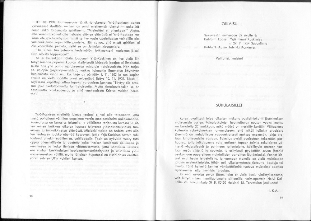 Sukuviesti 36, sivut 38 ja 39